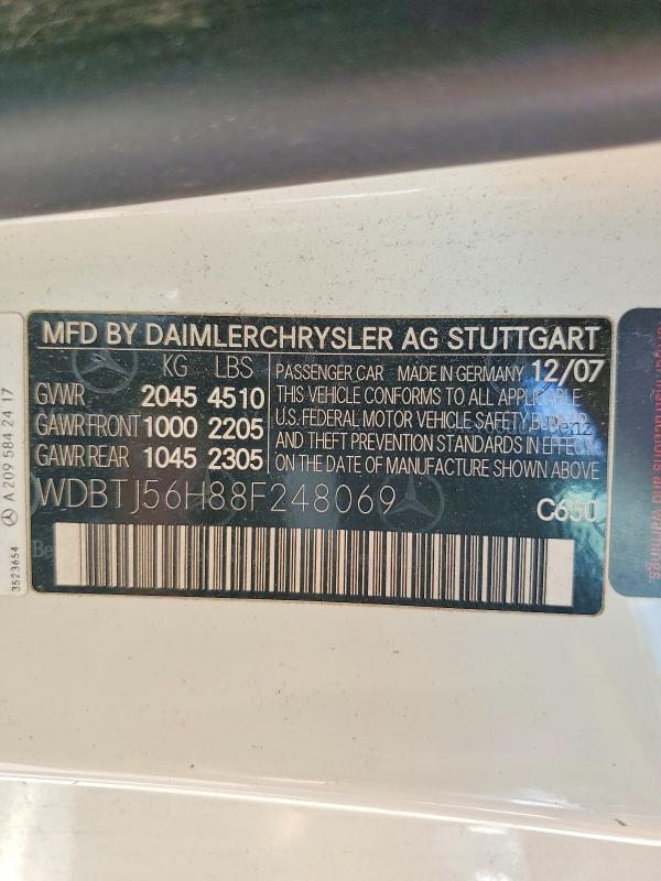 50835346 :رقم المزاد ، WDBTJ56H88F248069 vin ، 2008 Mercedes-benz Clk مزاد بيع