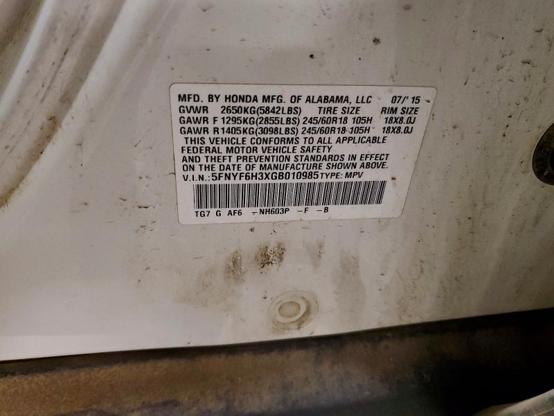 2016 Honda Pilot მანქანა იყიდება აუქციონზე, vin: 5FNYF6H3XGB010985, აუქციონის ნომერი: 50110876