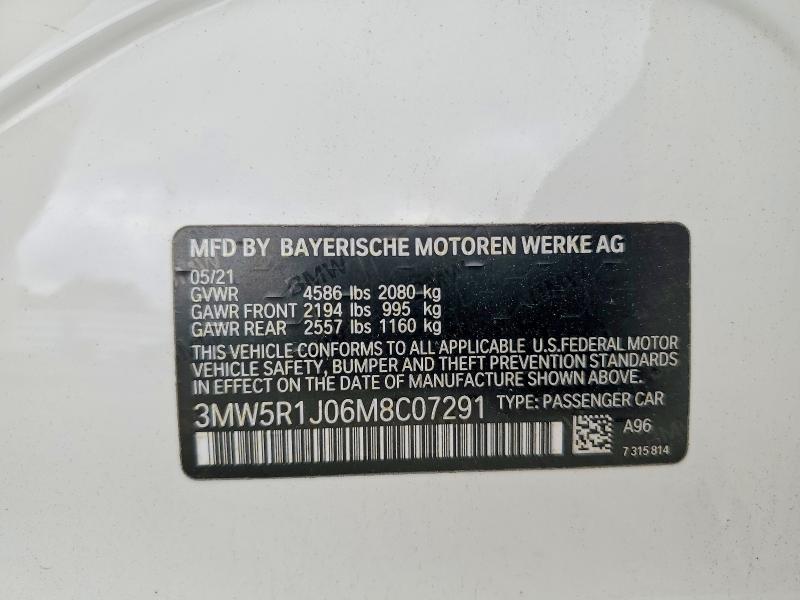 2021 Bmw 330i მანქანა იყიდება აუქციონზე, vin: 3MW5R1J06M8C07291, აუქციონის ნომერი: 49800096