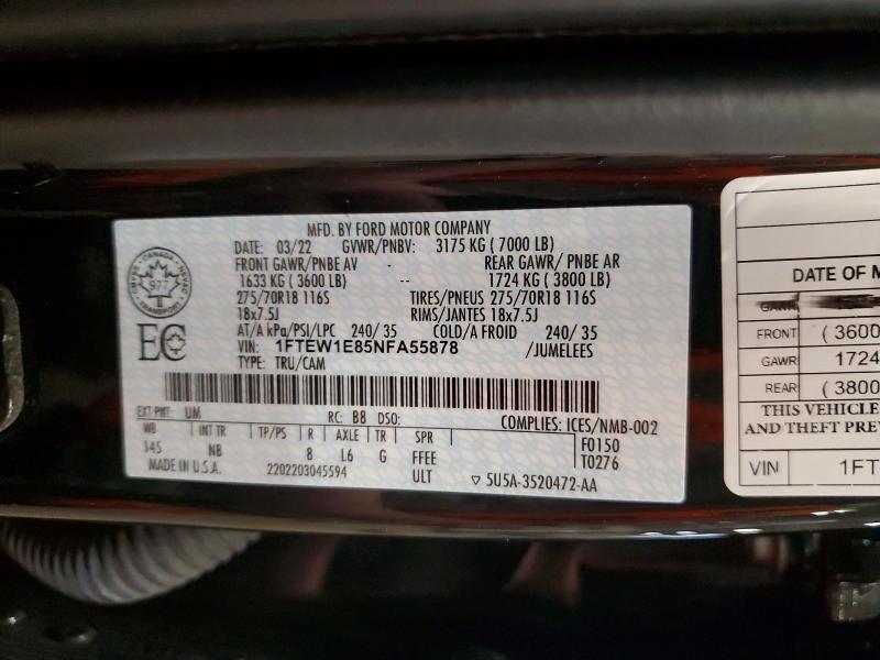 Aukcja sprzedaży 2022 Ford F150, vin: 1FTEW1E85NFA55878, numer aukcji: 49326156