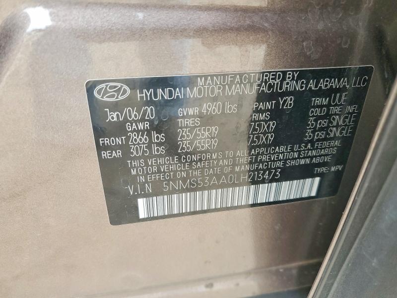 2020 Hyundai Santa Fe მანქანა იყიდება აუქციონზე, vin: 5NMS53AA0LH213473, აუქციონის ნომერი: 51679576
