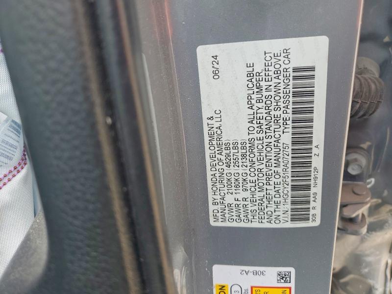 48394896 :رقم المزاد ، 1HGCY2F51RA072757 vin ، 2024 Honda Accord مزاد بيع