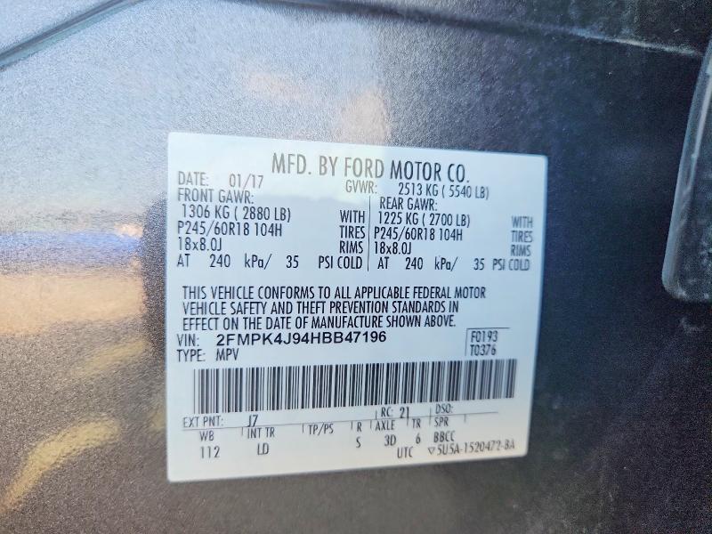 Продаж на аукціоні авто 2017 Ford Edge, vin: 2FMPK4J94HBB47196, номер лоту: 50855396