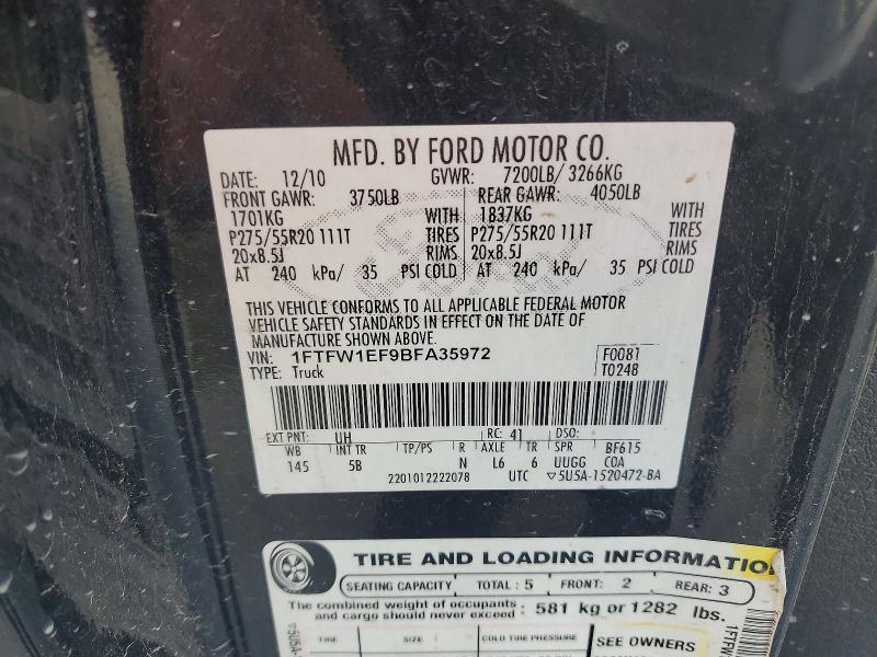 2011 Ford F150 მანქანა იყიდება აუქციონზე, vin: 1FTFW1EF9BFA35972, აუქციონის ნომერი: 50918746