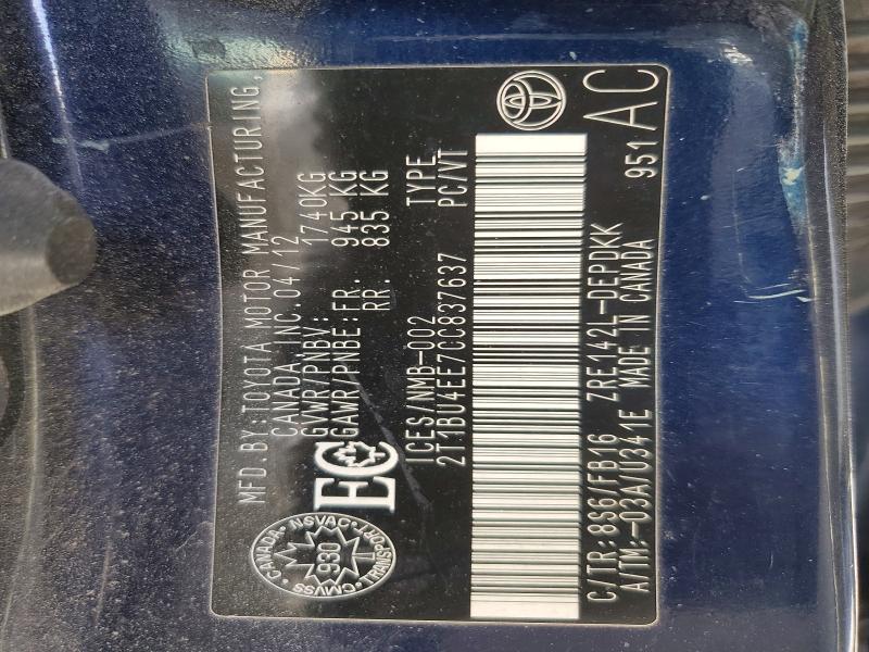 2012 Toyota Corolla მანქანა იყიდება აუქციონზე, vin: 2T1BU4EE7CC837637, აუქციონის ნომერი: 50320576