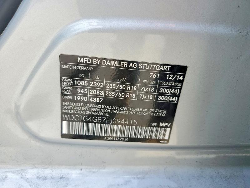 2015 Mercedes-benz Gla მანქანა იყიდება აუქციონზე, vin: WDCTG4GB7FJ094415, აუქციონის ნომერი: 48587616