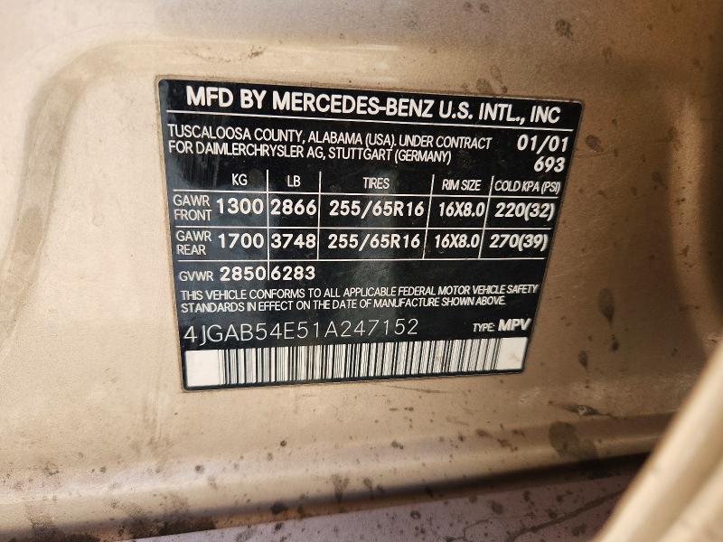 Aukcja sprzedaży 2001 Mercedes-benz Ml, vin: 4JGAB54E51A247152, numer aukcji: 50785036