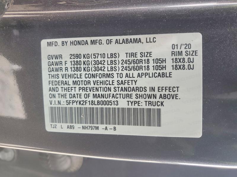 51311726 :رقم المزاد ، 5FPYK2F18LB000513 vin ، 2020 Honda Ridgeline مزاد بيع
