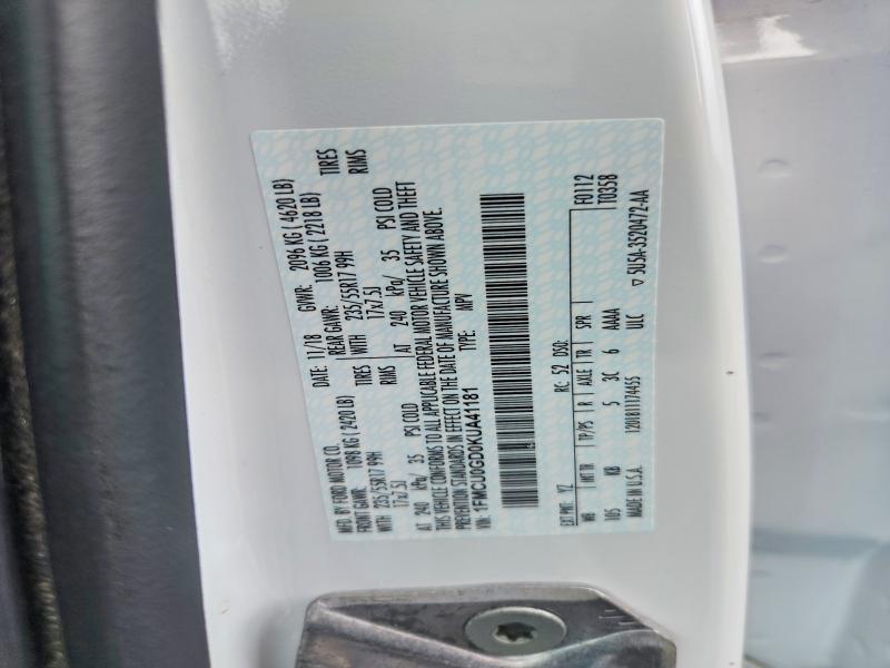 49110196 :رقم المزاد ، 1FMCU0GD0KUA41181 vin ، 2019 Ford Escape مزاد بيع