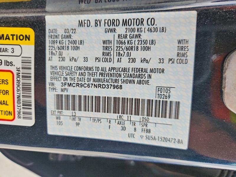 Aukcja sprzedaży 2022 Ford Bronco Sport, vin: 3FMCR9C67NRD37968, numer aukcji: 50790166