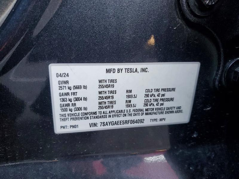 50089126 :رقم المزاد ، 7SAYGAEE5RF064092 vin ، 2024 Tesla Model Y مزاد بيع