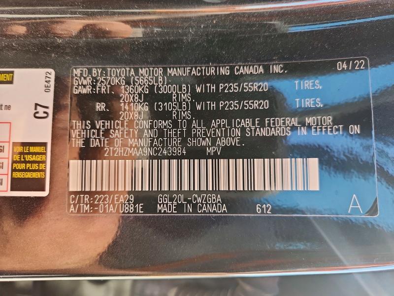 Aukcja sprzedaży 2022 Lexus Rx 350, vin: 2T2HZMAA9NC243984, numer aukcji: 48965446