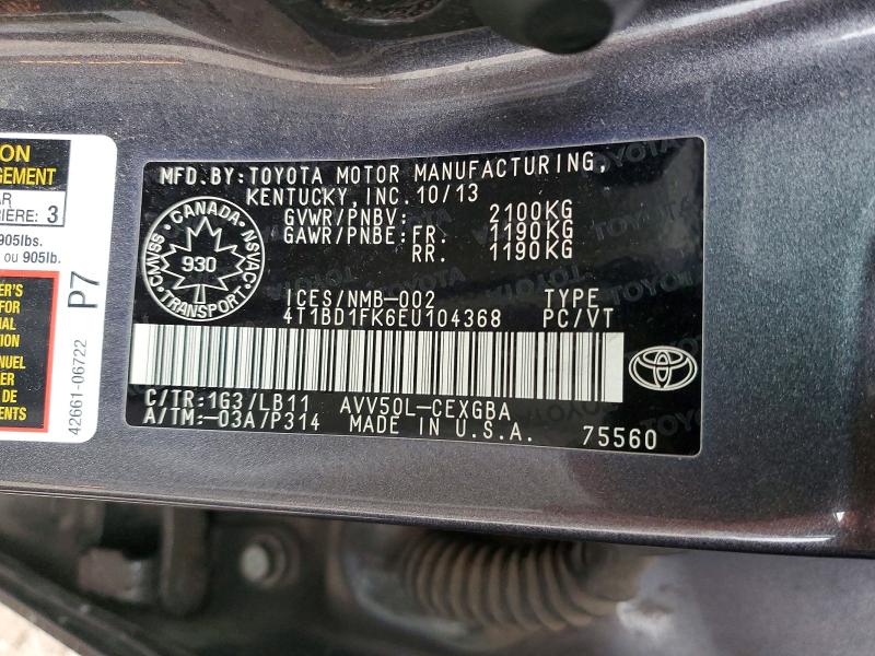 Продаж на аукціоні авто 2014 Toyota Camry Hybrid, vin: 4T1BD1FK6EU104368, номер лоту: 49297076