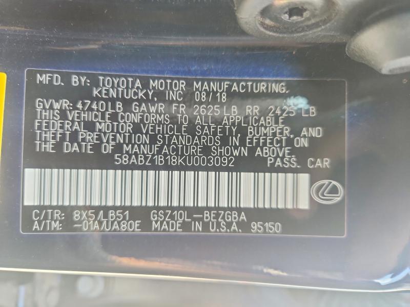 49814506 :رقم المزاد ، 58ABZ1B18KU003092 vin ، 2019 Lexus Es 350 مزاد بيع