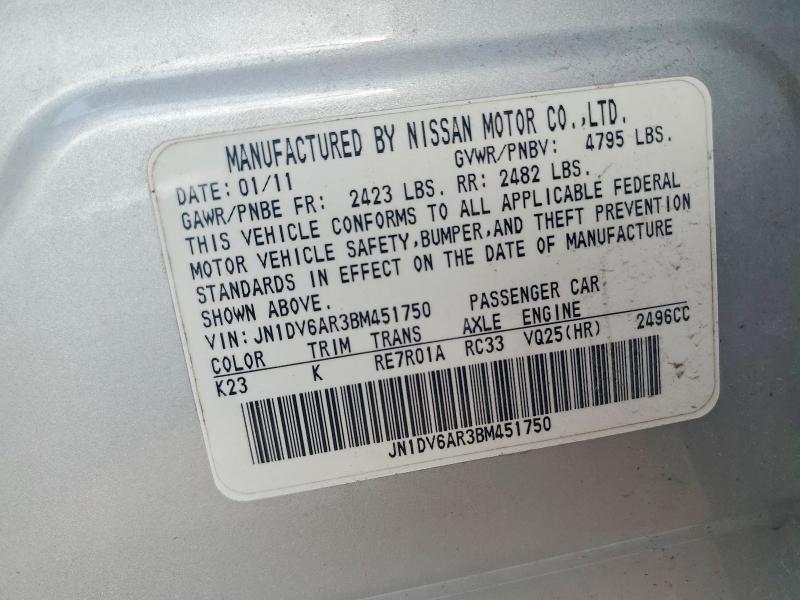 48628166 :رقم المزاد ، JN1DV6AR3BM451750 vin ، 2011 Infiniti G25 Sedan مزاد بيع