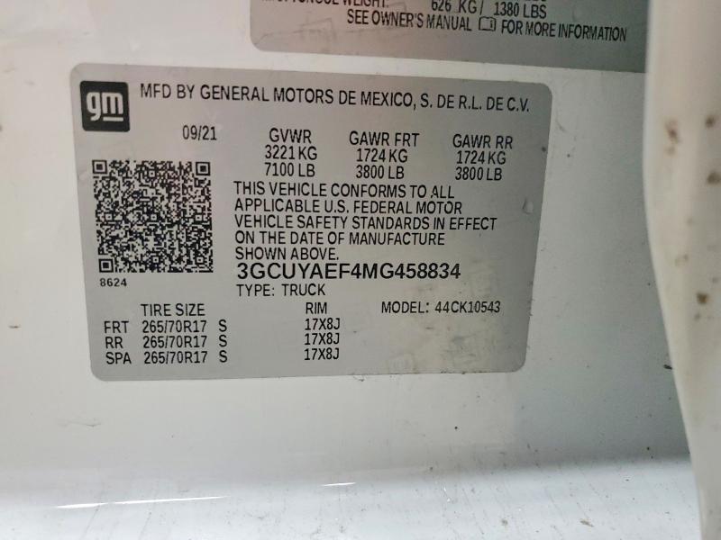 Aukcja sprzedaży 2021 Chevrolet Silverado, vin: 3GCUYAEF4MG458834, numer aukcji: 49275576