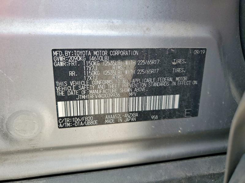 2019 Toyota Rav4 მანქანა იყიდება აუქციონზე, vin: JTMH1RFV4KD039936, აუქციონის ნომერი: 49756086