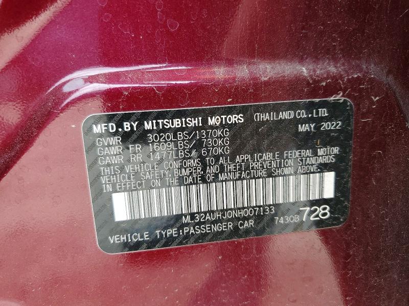 Auction sale of the 2022 Mitsubishi Mirage, vin: ML32AUHJ0NH007133, lot number: 49582336