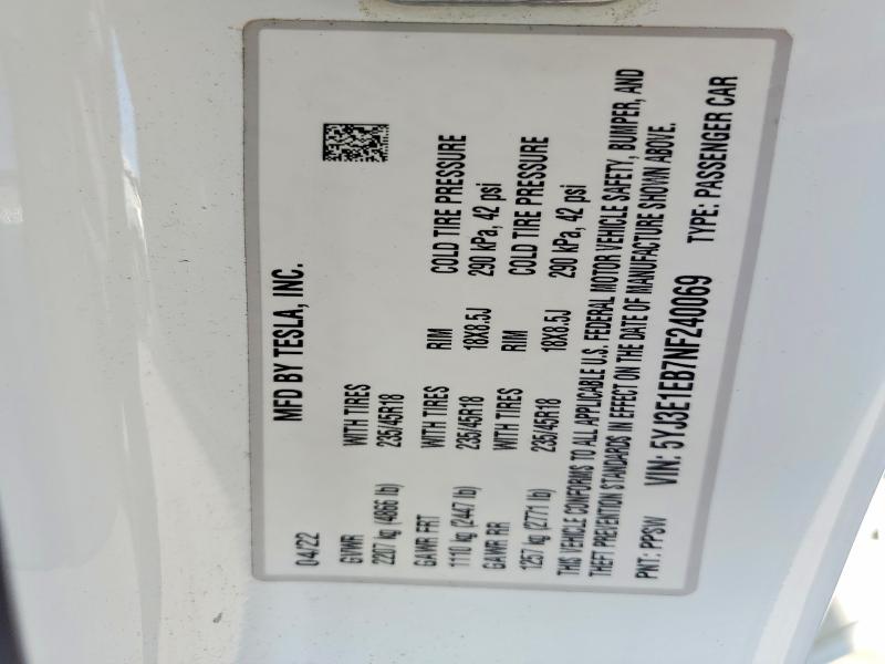 Aukcja sprzedaży 2022 Tesla Model 3, vin: 5YJ3E1EB7NF240069, numer aukcji: 51347946
