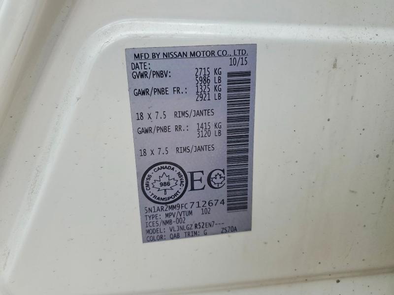 48454976 :رقم المزاد ، 5N1AR2MM9FC712674 vin ، 2015 Nissan Pathfinder مزاد بيع