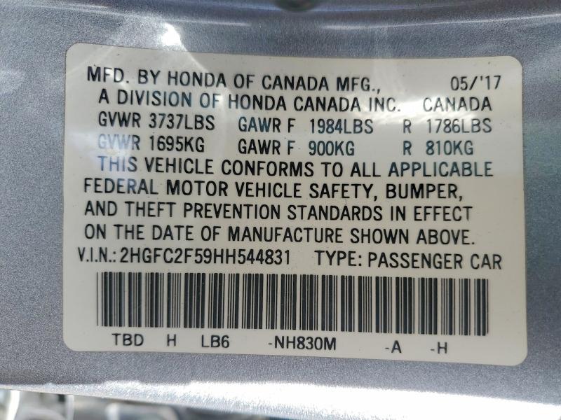 Продаж на аукціоні авто 2017 Honda Civic, vin: 2HGFC2F59HH544831, номер лоту: 50561746