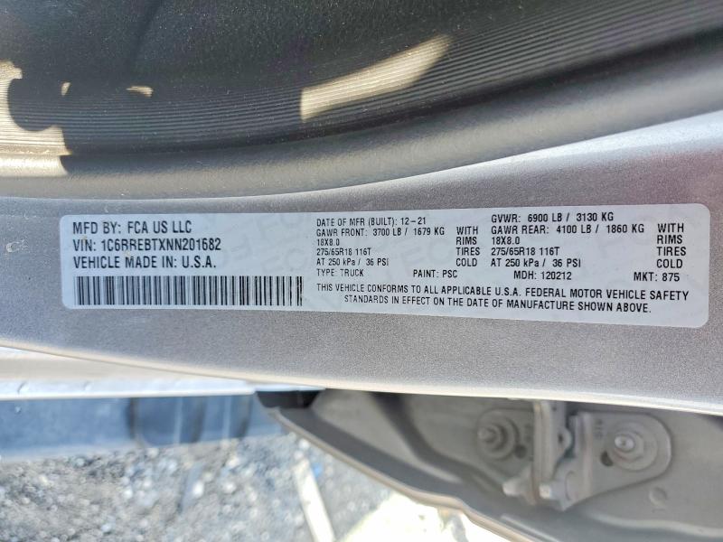 2022 Ram 1500 მანქანა იყიდება აუქციონზე, vin: 1C6RREBTXNN201682, აუქციონის ნომერი: 51283836