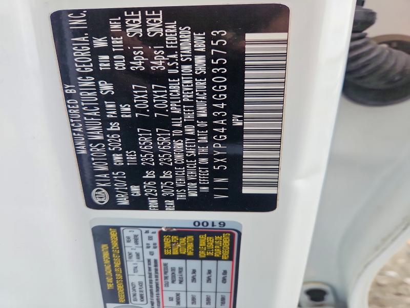 50605306 :رقم المزاد ، 5XYPG4A34GG035753 vin ، 2016 Kia Sorento مزاد بيع