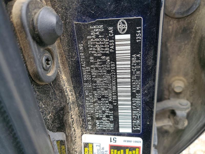 2019 Toyota Camry მანქანა იყიდება აუქციონზე, vin: 4T1B11HKXKU227687, აუქციონის ნომერი: 49455816