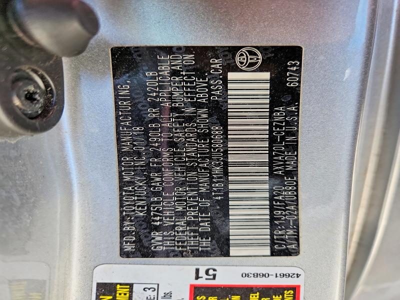 50329866 :رقم المزاد ، 4T1B11HK3JU580688 vin ، 2018 Toyota Camry مزاد بيع