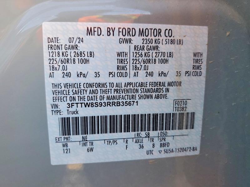 48257226 :رقم المزاد ، 3FTTW8S93RRB35671 vin ، 2024 Ford Maverick مزاد بيع