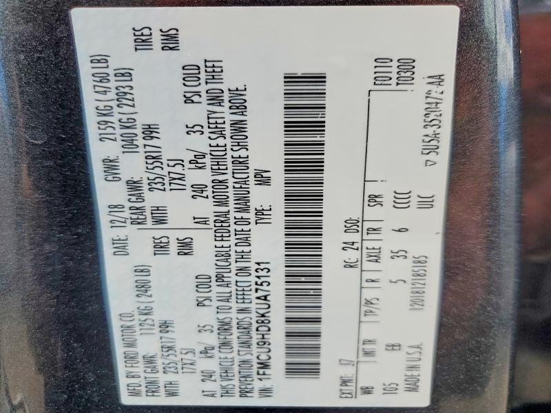 49739156 :رقم المزاد ، 1FMCU9HD8KUA75131 vin ، 2019 Ford Escape مزاد بيع
