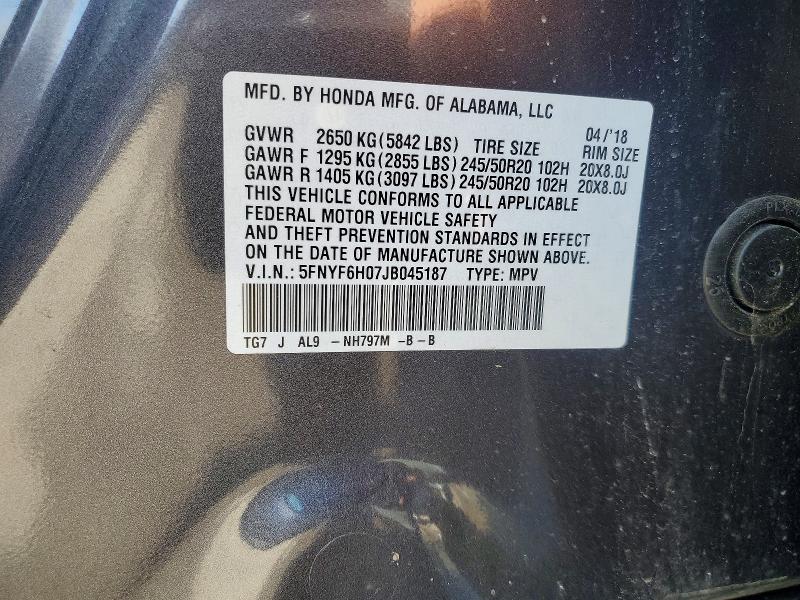 50292316 :رقم المزاد ، 5FNYF6H07JB045187 vin ، 2018 Honda Pilot مزاد بيع
