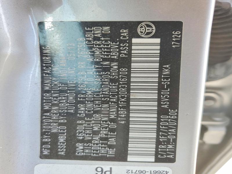 2013 Toyota Camry მანქანა იყიდება აუქციონზე, vin: 4T4BF1FK3DR316708, აუქციონის ნომერი: 51308496