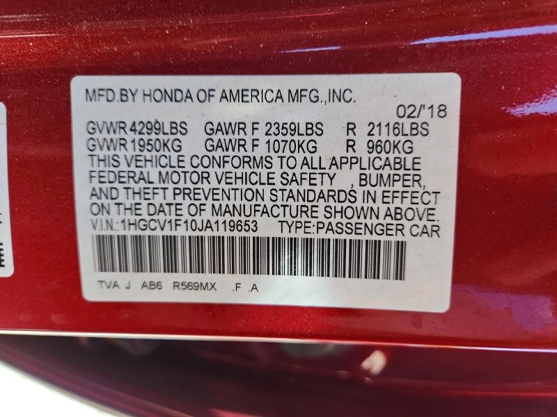 Продажа на аукционе авто 2018 Honda Accord, vin: 1HGCV1F10JA119653, номер лота: 49563316