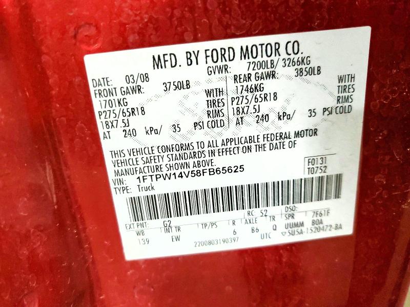 51790596 :رقم المزاد ، 1FTPW14V58FB65625 vin ، 2008 Ford F150 مزاد بيع