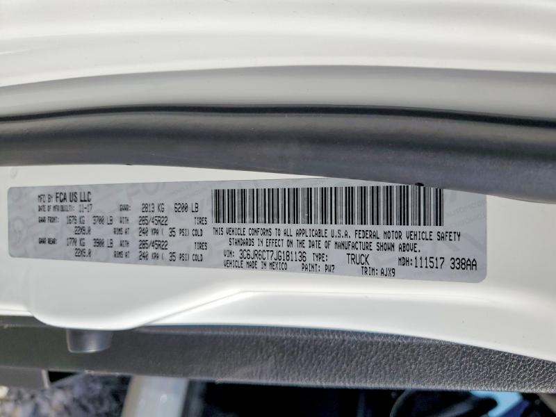 2018 Ram 1500 მანქანა იყიდება აუქციონზე, vin: 3C6JR6CT7JG181136, აუქციონის ნომერი: 50327296