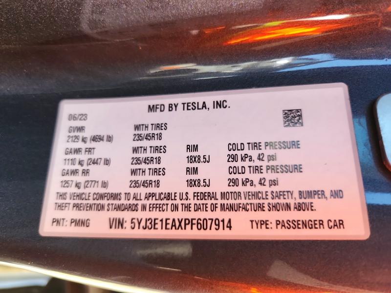 Aukcja sprzedaży 2023 Tesla Model 3, vin: 5YJ3E1EAXPF607914, numer aukcji: 51449756