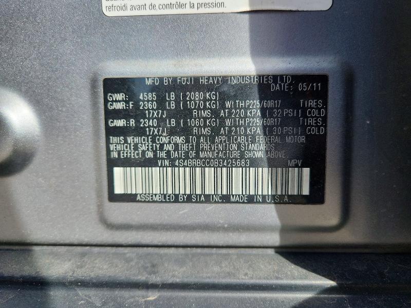 2011 Subaru Outback მანქანა იყიდება აუქციონზე, vin: 4S4BRBCC0B3425683, აუქციონის ნომერი: 48863006