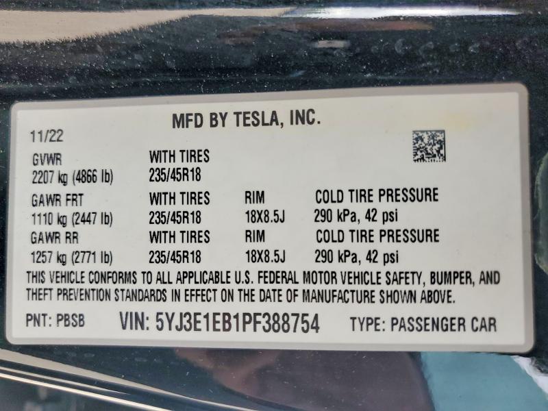 Auction sale of the 2023 Tesla Model 3, vin: 5YJ3E1EB1PF388754, lot number: 48332806