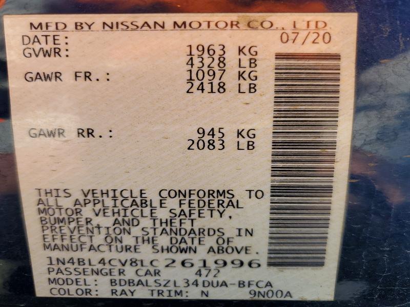 Aukcja sprzedaży 2020 Nissan Altima, vin: 1N4BL4CV8LC261996, numer aukcji: 50456546