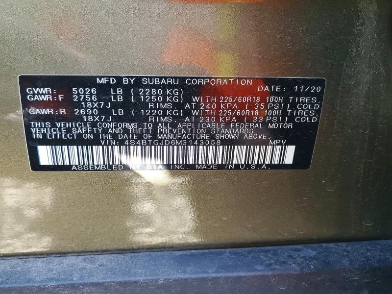 Aukcja sprzedaży 2021 Subaru Outback, vin: 4S4BTGJD6M3143058, numer aukcji: 49949326