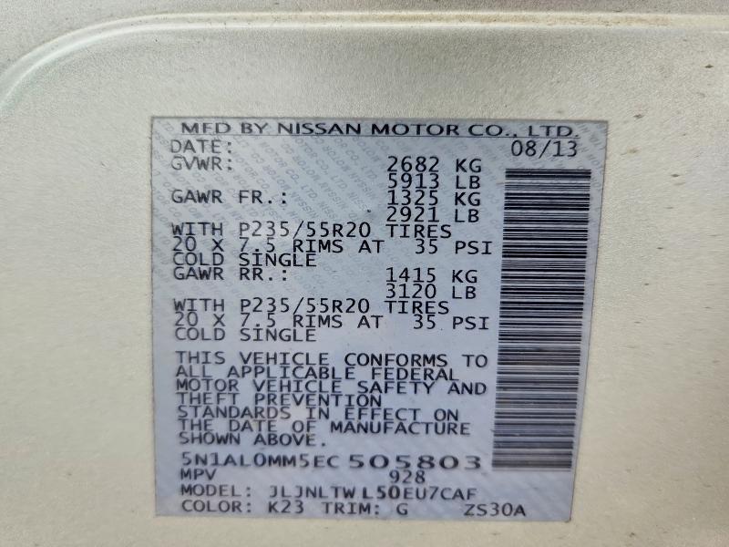 47647246 :رقم المزاد ، 5N1AL0MM5EC505803 vin ، 2014 Infiniti Qx60 مزاد بيع