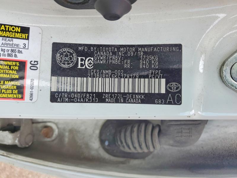 Продаж на аукціоні авто 2019 Toyota Corolla, vin: 2T1BURHE6KC178179, номер лоту: 48523696