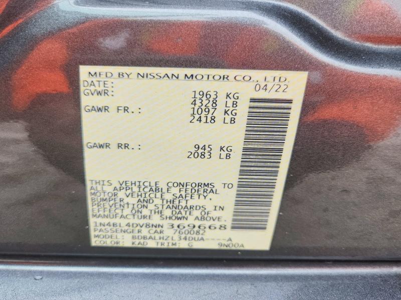 2022 Nissan Altima მანქანა იყიდება აუქციონზე, vin: 1N4BL4DV8NN369668, აუქციონის ნომერი: 48685396