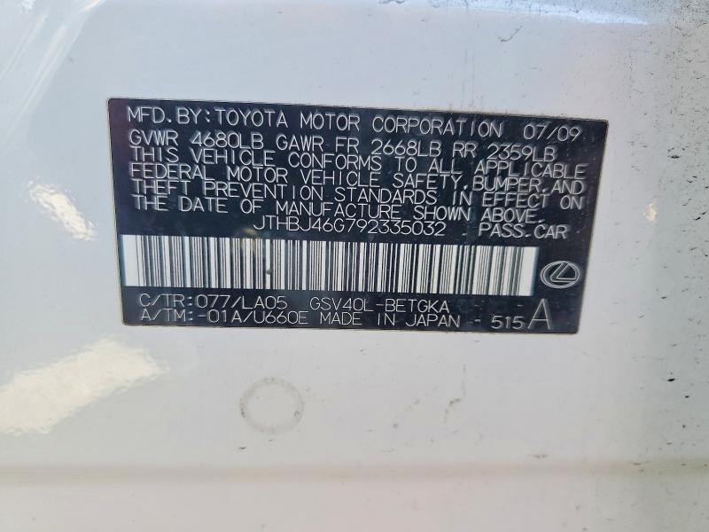 Aukcja sprzedaży 2009 Lexus Es, vin: JTHBJ46G792335032, numer aukcji: 49508776