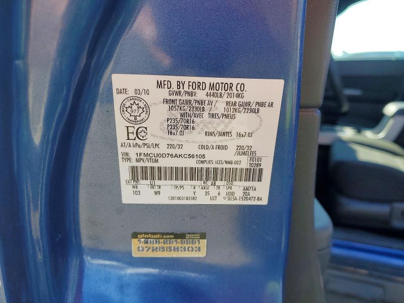47897696 :رقم المزاد ، 1FMCU0D76AKC56105 vin ، 2010 Ford Escape مزاد بيع