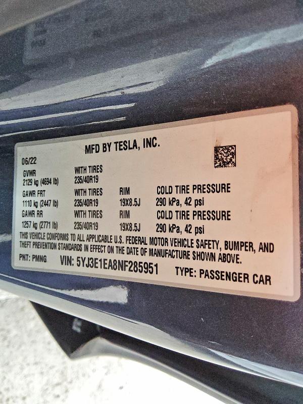 Продажа на аукционе авто 2022 Tesla Model 3, vin: 5YJ3E1EA8NF285951, номер лота: 49848066