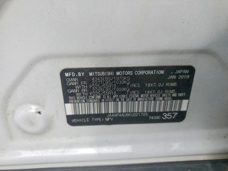 51017966 :رقم المزاد ، JA4AP4AU6KU021725 vin ، 2019 Mitsubishi Outlander Sport مزاد بيع