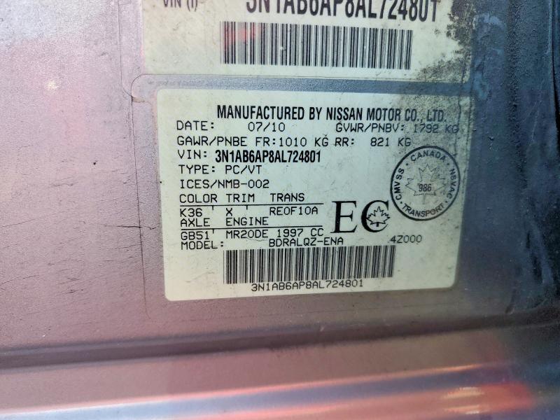 2010 Nissan Sentra მანქანა იყიდება აუქციონზე, vin: 3N1AB6AP8AL724801, აუქციონის ნომერი: 50722926