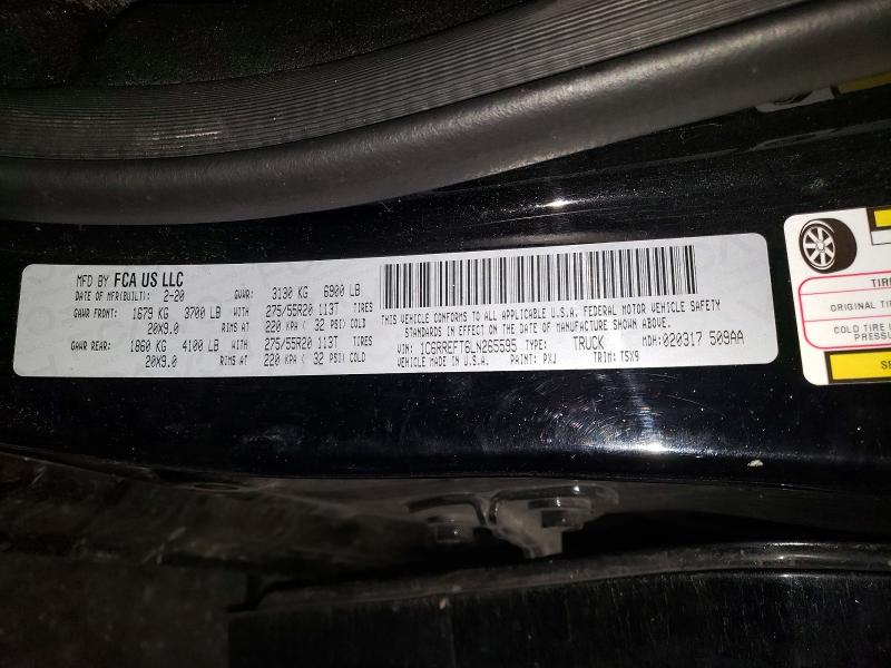2020 Ram 1500 მანქანა იყიდება აუქციონზე, vin: 1C6RREFT6LN265595, აუქციონის ნომერი: 48938726